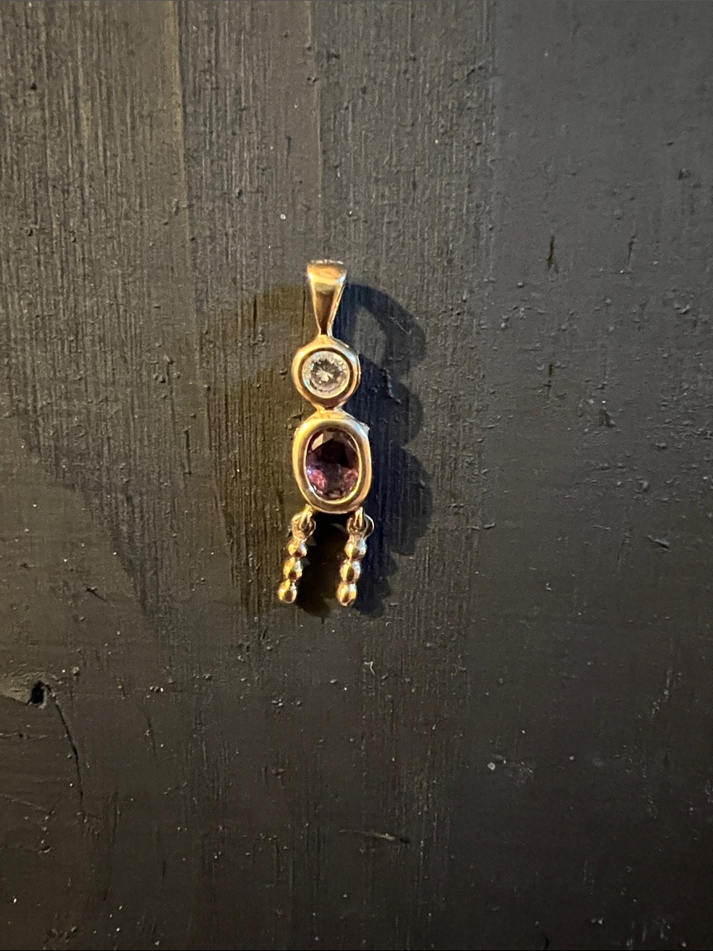 Gold Drop Pendant with Amethyst and Clear Stone